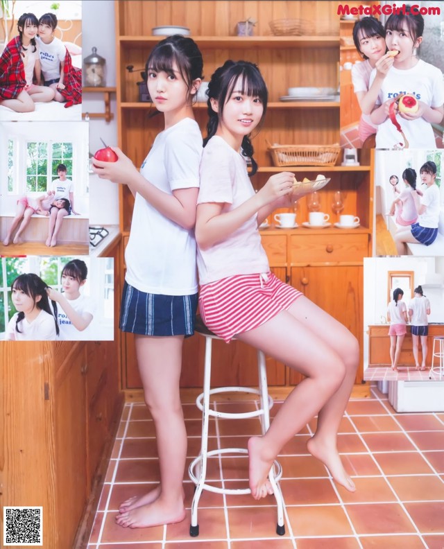 A couple of young women sitting on top of a stool.