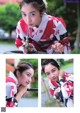 A woman in a red and white kimono drinking water from a faucet.