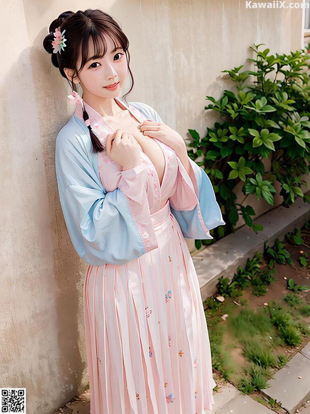 A woman in a pink and blue dress leaning against a wall.